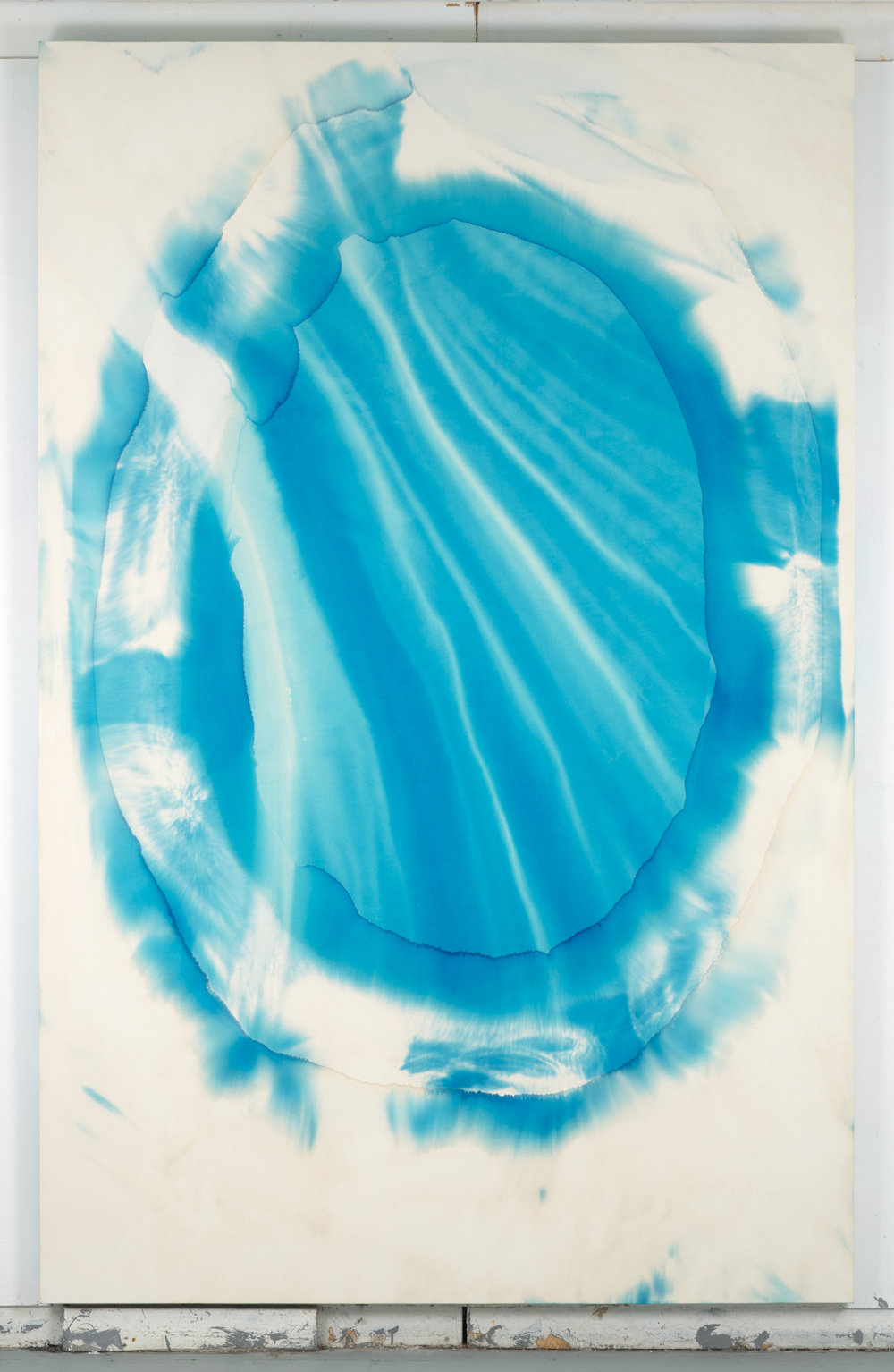 Abstract circumscribed cyan ovals made with toilet bowl cleaner on canvas.