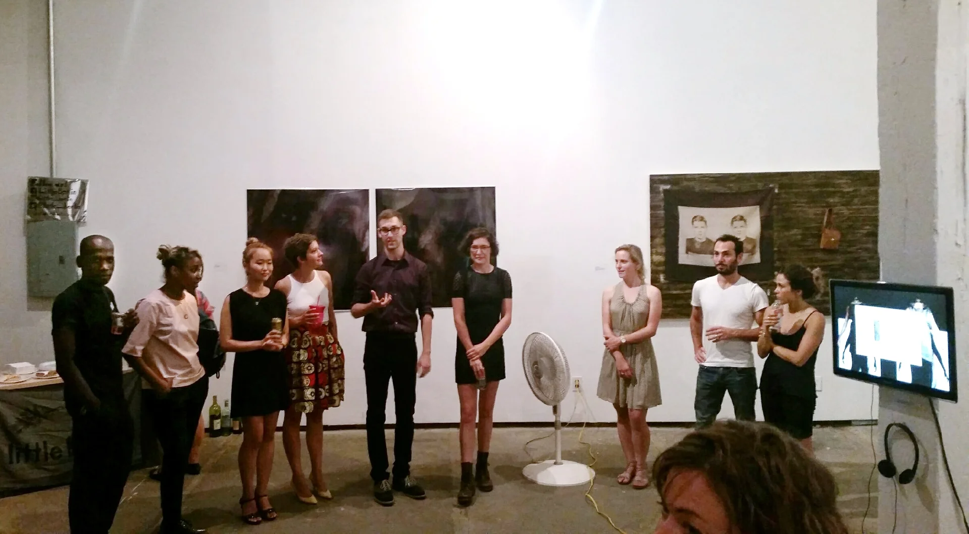 Picture of opening night for inaugural exhibition, Uncommons. Pictured are artists chukwumaa, E. Jane, myself, Marianna Williams, and Shaina Gates; and curators Haely Chang, Hilary Sanchez Whitham, and Kirsten Gill.